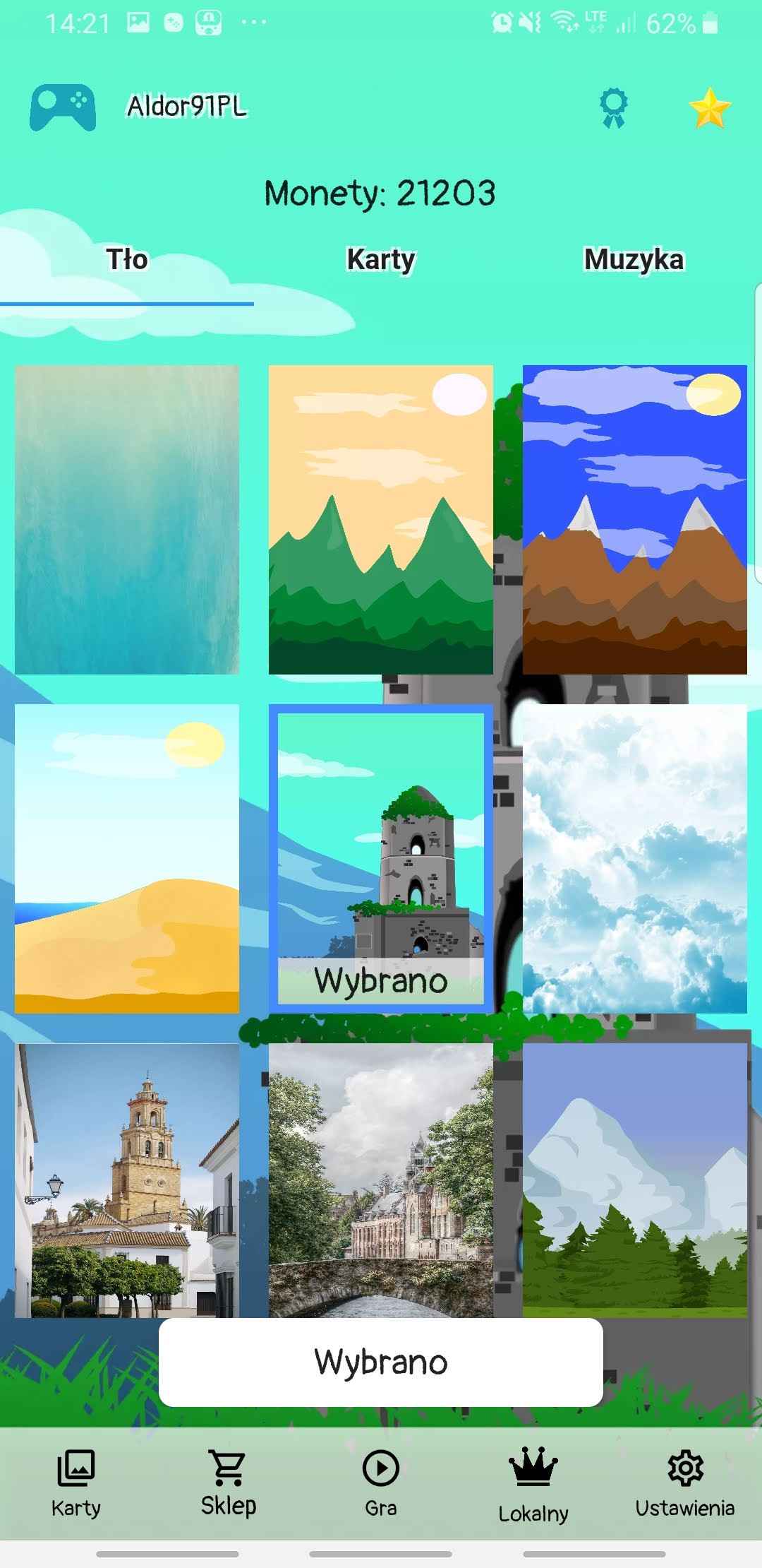 Sklep Cards Matching z tłami dostępnymi do wybrania i odblokowania